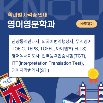 영어영문학과: 관광통역안내사, 외국어번역행정사, 무역영어, TOEIC, TEPS, TOFEL, 아이엘츠(IELTS), 영어독서지도사, 번역능력인증시험(TCT), ITT(Interpretation Translation Test), 영어자막번역사(STI)